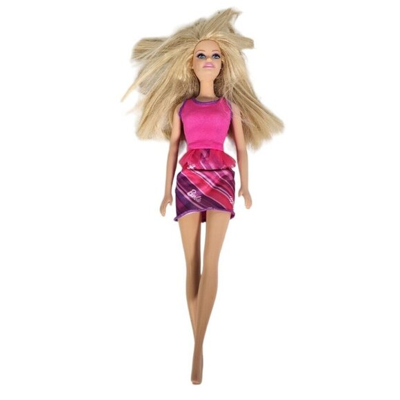Barbie Doll Unique Articulated Knees Blonde Blue Eyes Pink Puple Striped Dress - Picture 1 of 2